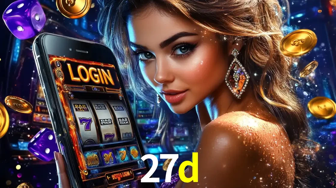 Mulher glamorosa segurando um smartphone com a tela de login para os jogos de caça-níqueis do cassino online 27d, com moedas de ouro e dados ao redor.