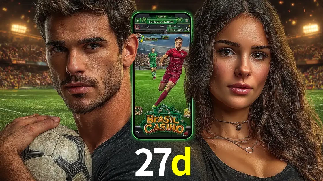 Homem segurando uma bola de futebol e uma mulher ao lado de um smartphone exibindo o jogo de apostas esportivas da 27d. Faça seu palpite no cassino online.